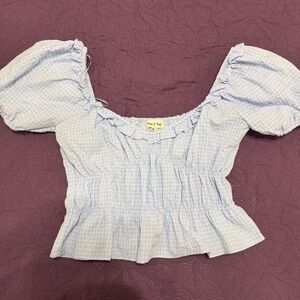Aaron & Amber Blue Gingham Puff Sleeve Top